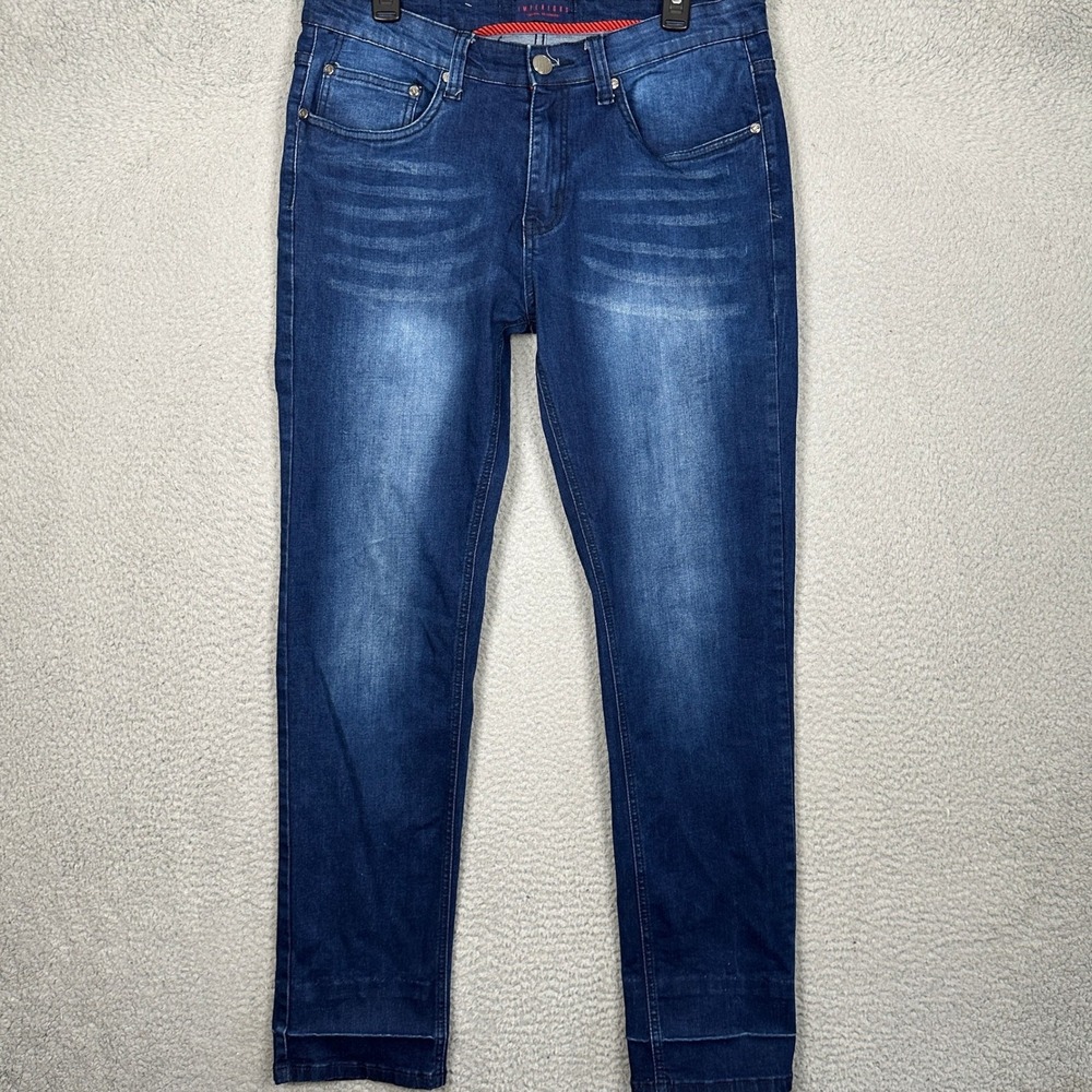 Imperious Jeans Mens 34X32 Slim Dark Wash Blue Distressed Straight Stretch Denim
